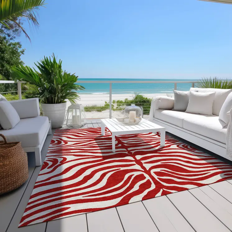 9' X 12' Red And Ivory Animal Print Washable Indoor Outdoor Area Rug
