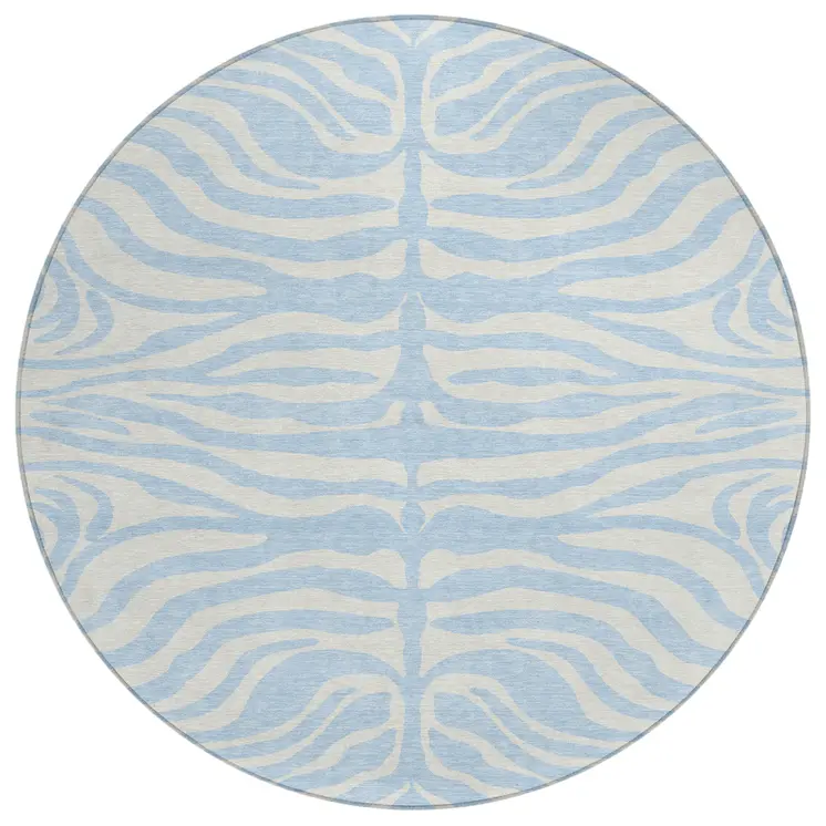 8' Sky Blue And Ivory Round Animal Print Washable Indoor Outdoor Area Rug