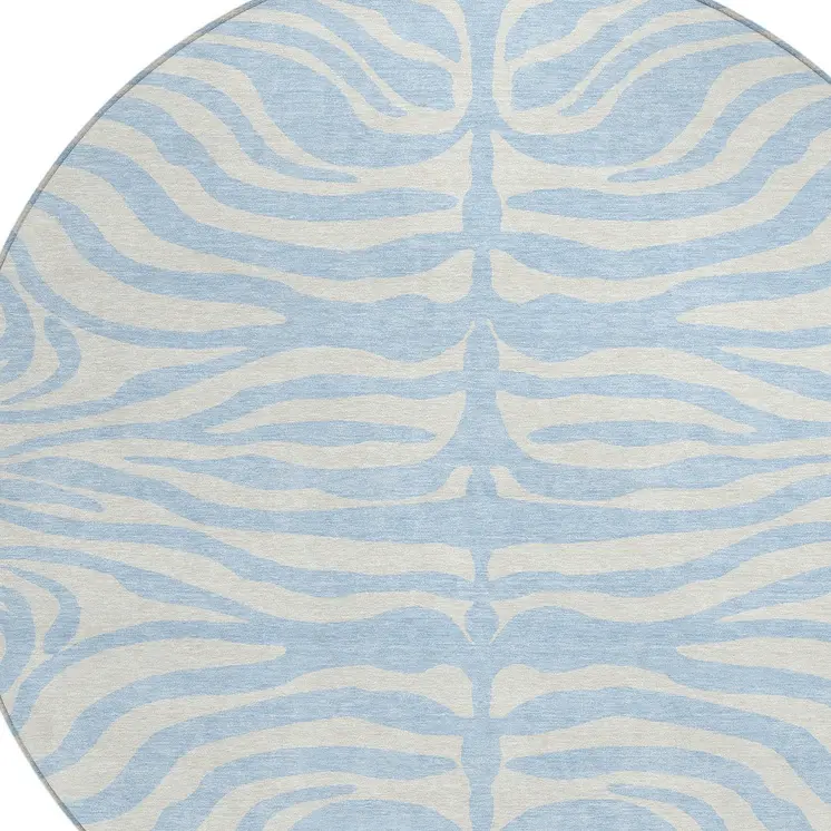 8' Sky Blue And Ivory Round Animal Print Washable Indoor Outdoor Area Rug