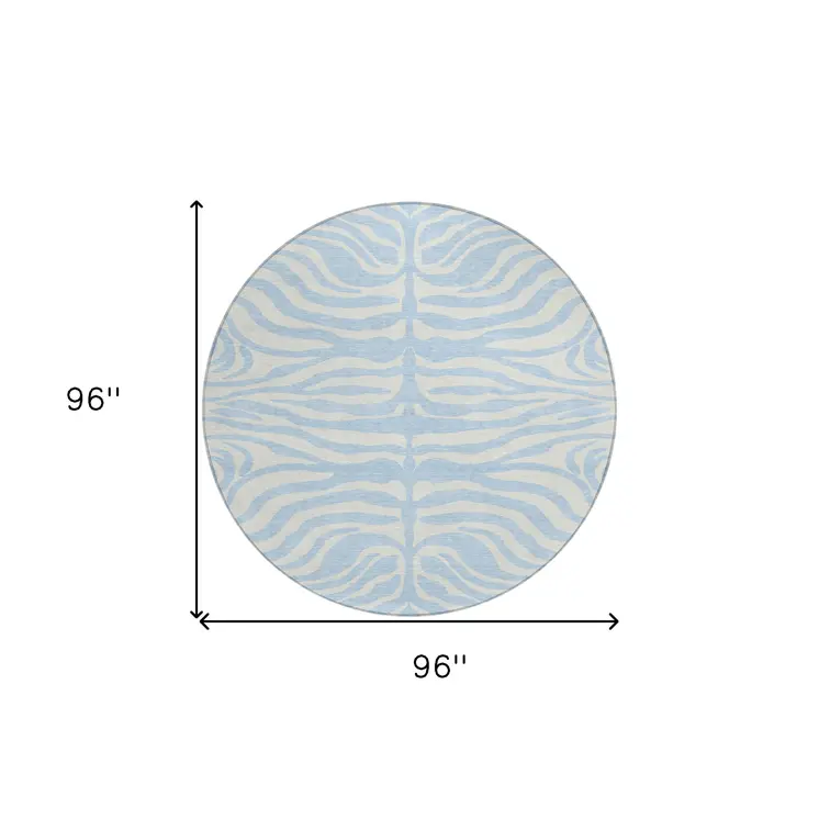 8' Sky Blue And Ivory Round Animal Print Washable Indoor Outdoor Area Rug