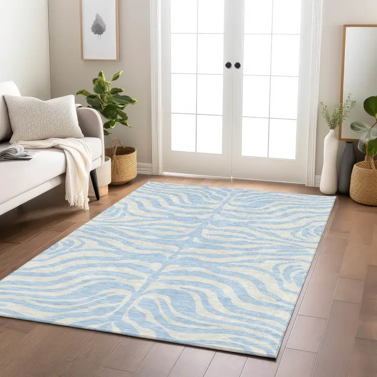 8' X 10' Sky Blue And Ivory Animal Print Washable Indoor Outdoor Area Rug
