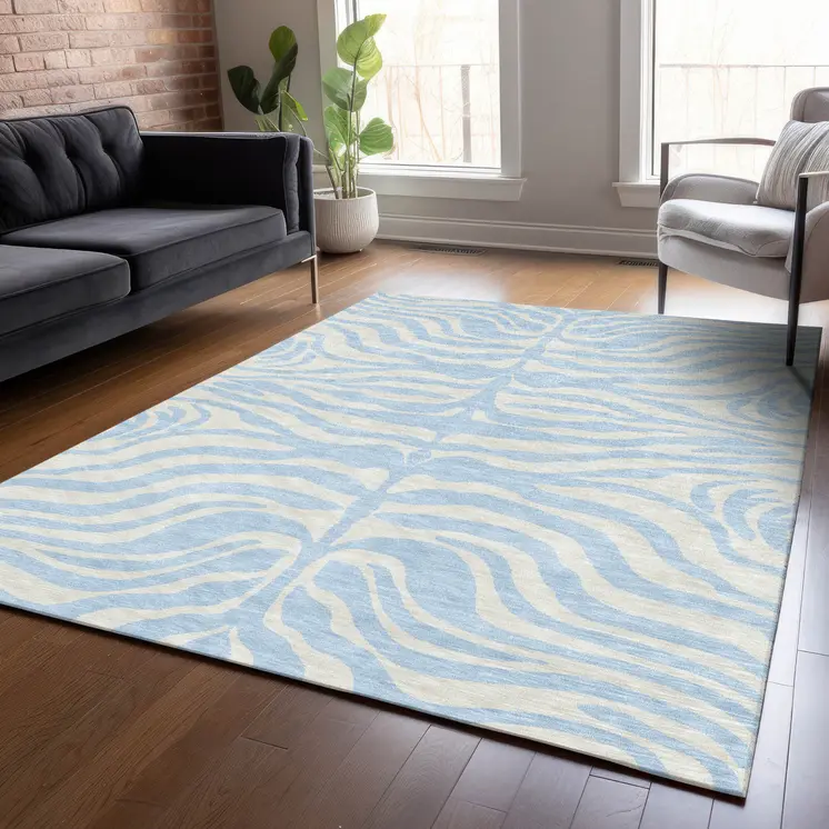10' X 14' Sky Blue And Ivory Animal Print Washable Indoor Outdoor Area Rug