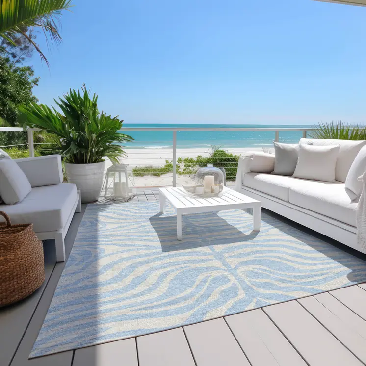 10' X 14' Sky Blue And Ivory Animal Print Washable Indoor Outdoor Area Rug