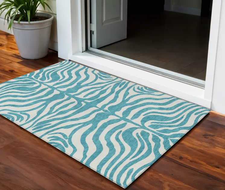3' X 5' Teal Blue And Ivory Animal Print Washable Indoor Outdoor Area Rug