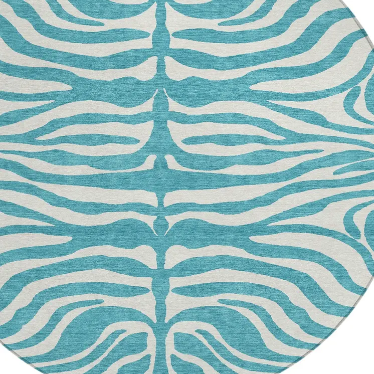 8' Teal Blue And Ivory Round Animal Print Washable Indoor Outdoor Area Rug