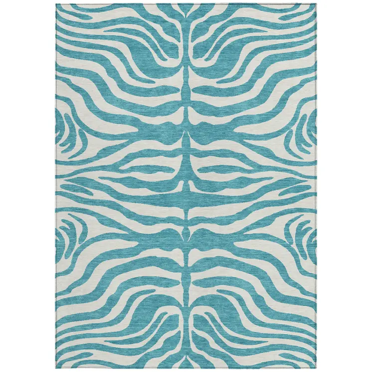 8' X 10' Teal Blue And Ivory Animal Print Washable Indoor Outdoor Area Rug