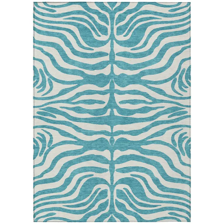 10' X 14' Teal Blue And Ivory Animal Print Washable Indoor Outdoor Area Rug