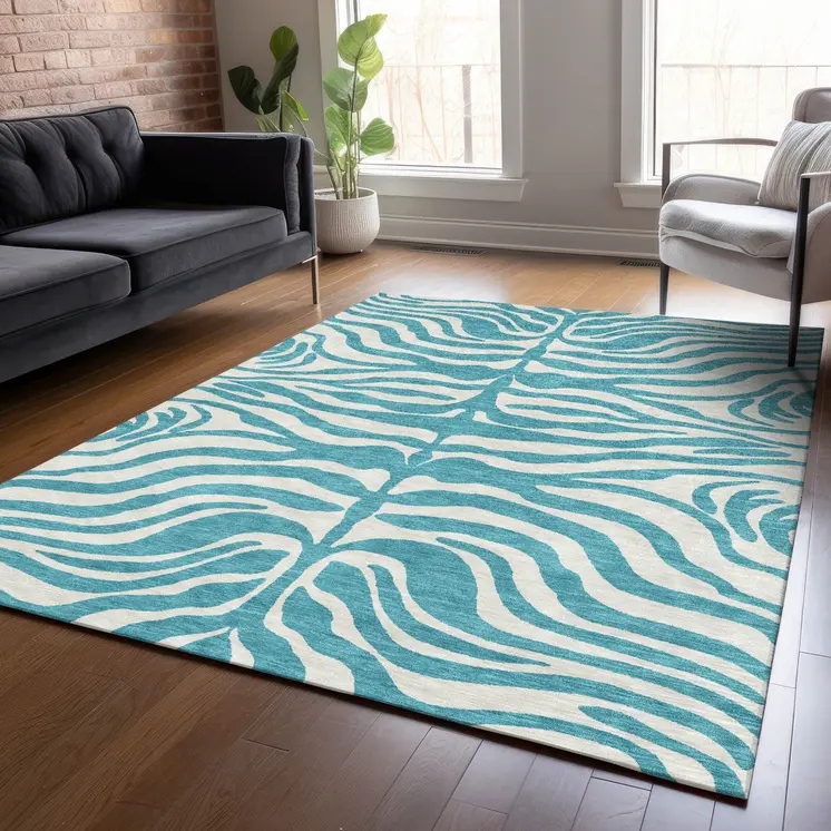 10' X 14' Teal Blue And Ivory Animal Print Washable Indoor Outdoor Area Rug