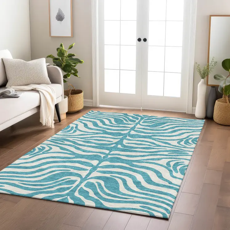 10' X 14' Teal Blue And Ivory Animal Print Washable Indoor Outdoor Area Rug