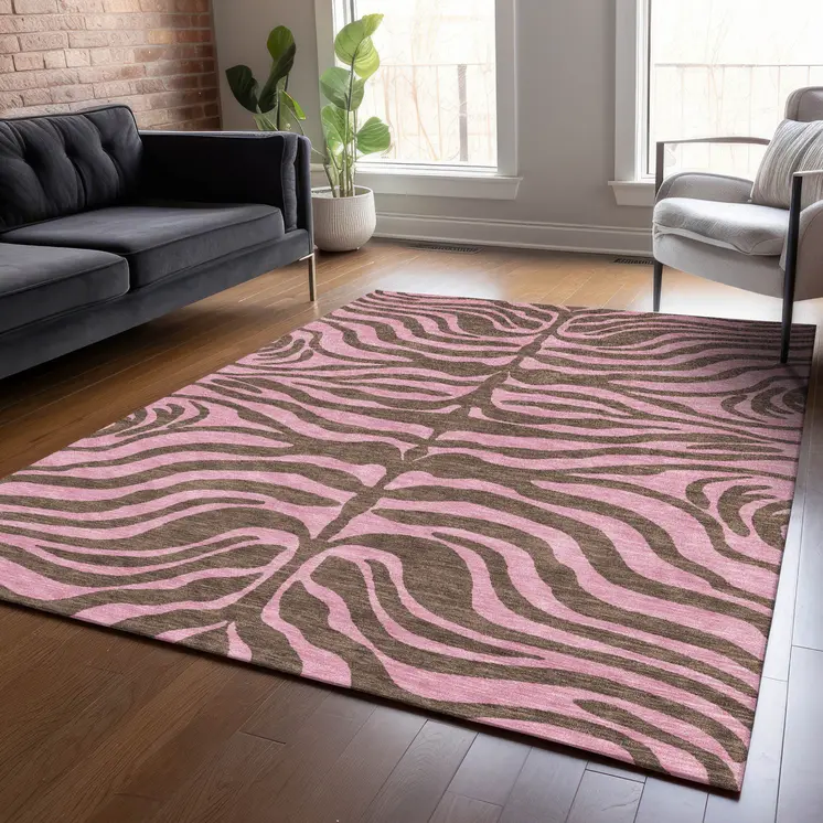 5' X 8' Brown And Pink Animal Print Washable Indoor Outdoor Area Rug