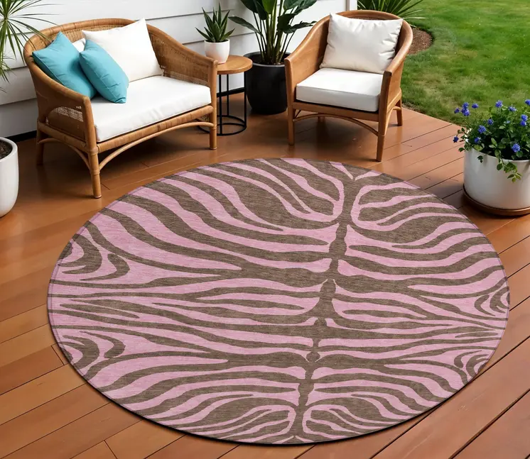 8' Brown And Pink Round Animal Print Washable Indoor Outdoor Area Rug