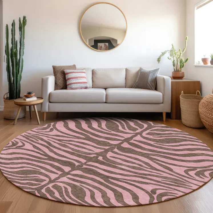 8' Brown And Pink Round Animal Print Washable Indoor Outdoor Area Rug