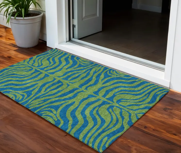 3' X 5' Green And Teal Blue Animal Print Washable Indoor Outdoor Area Rug