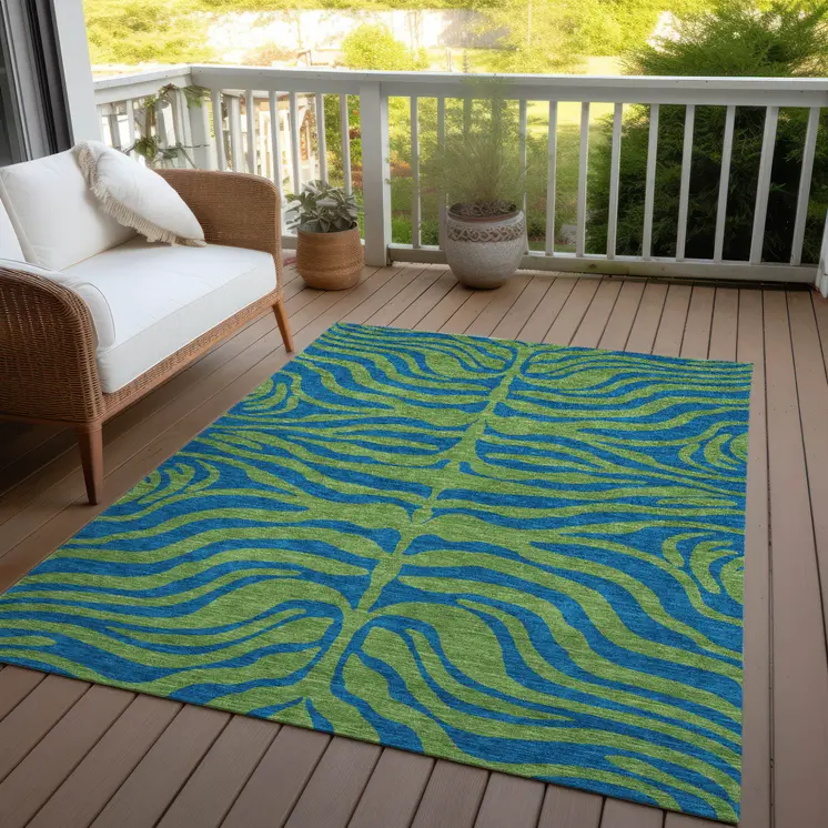 3' X 5' Green And Teal Blue Animal Print Washable Indoor Outdoor Area Rug
