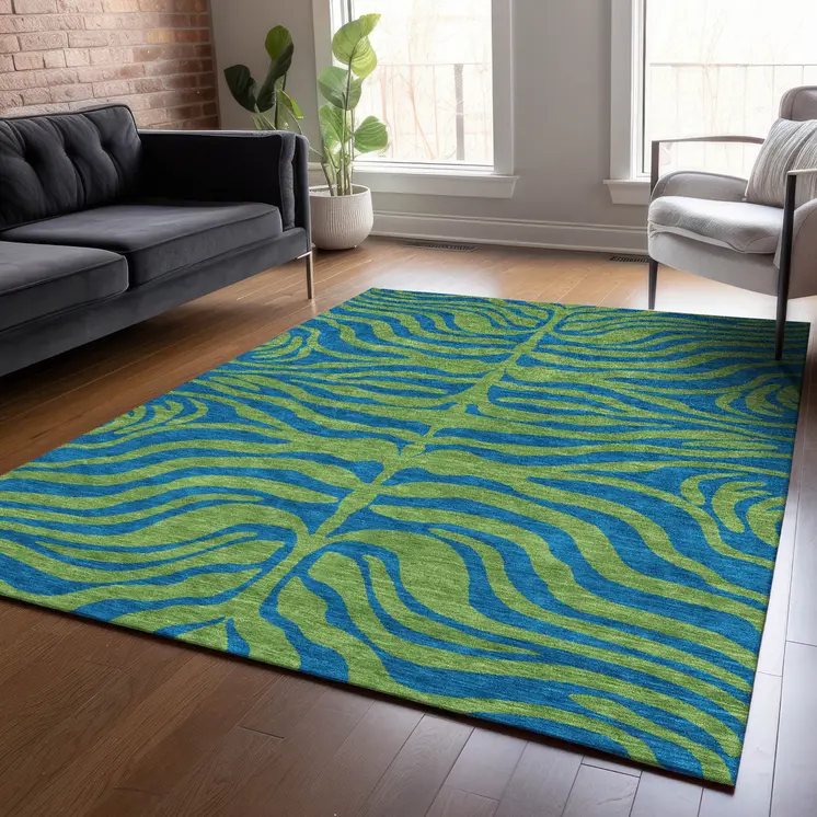 3' X 5' Green And Teal Blue Animal Print Washable Indoor Outdoor Area Rug