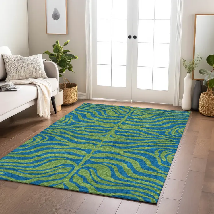 3' X 5' Green And Teal Blue Animal Print Washable Indoor Outdoor Area Rug