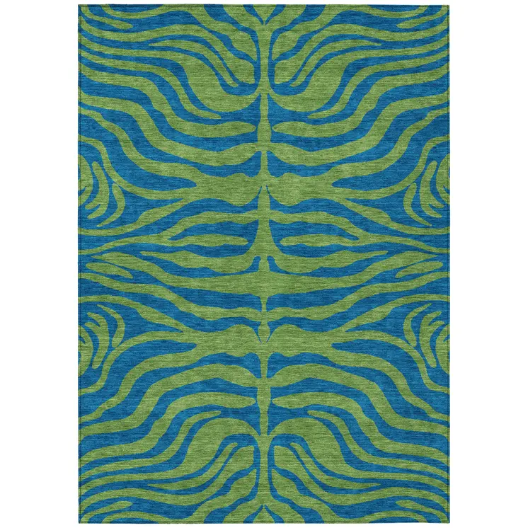 5' X 8' Green And Teal Blue Animal Print Washable Indoor Outdoor Area Rug