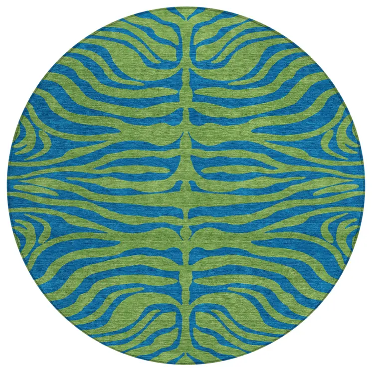 8' Green And Teal Blue Round Animal Print Washable Indoor Outdoor Area Rug