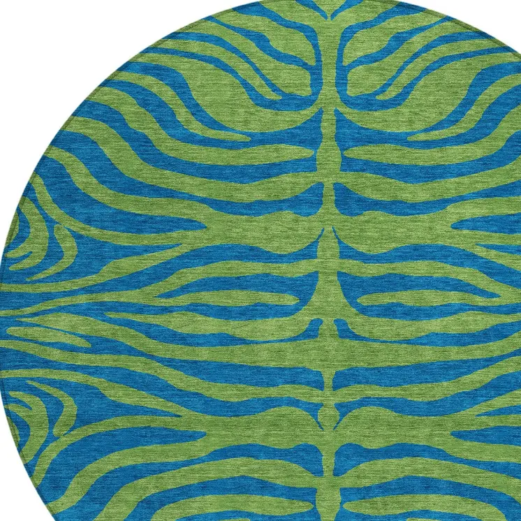 8' Green And Teal Blue Round Animal Print Washable Indoor Outdoor Area Rug