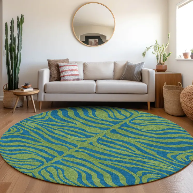 8' Green And Teal Blue Round Animal Print Washable Indoor Outdoor Area Rug