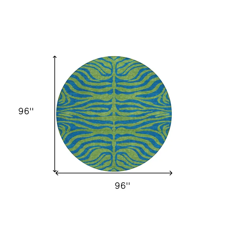 8' Green And Teal Blue Round Animal Print Washable Indoor Outdoor Area Rug
