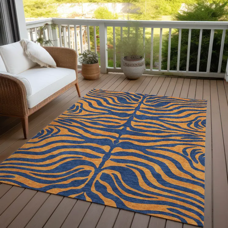 5' X 8' Navy Blue And Pink Animal Print Washable Indoor Outdoor Area Rug