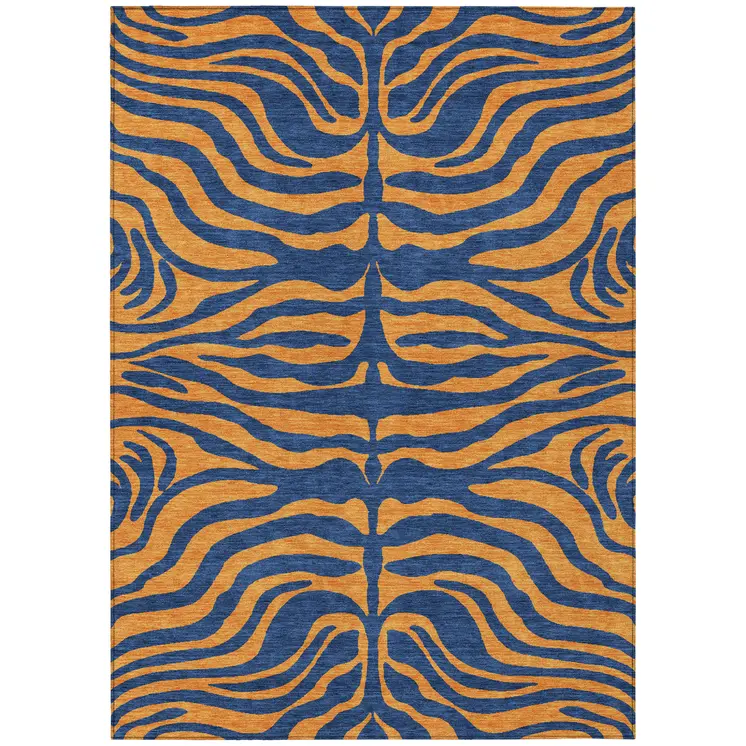 5' X 8' Navy Blue And Pink Animal Print Washable Indoor Outdoor Area Rug