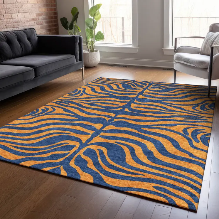 5' X 8' Navy Blue And Pink Animal Print Washable Indoor Outdoor Area Rug