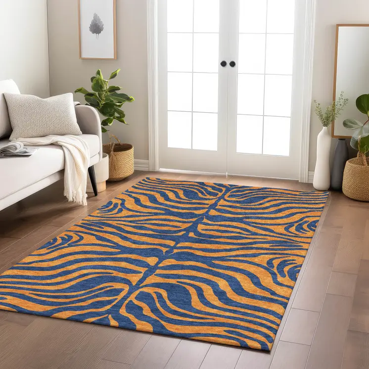 5' X 8' Navy Blue And Pink Animal Print Washable Indoor Outdoor Area Rug