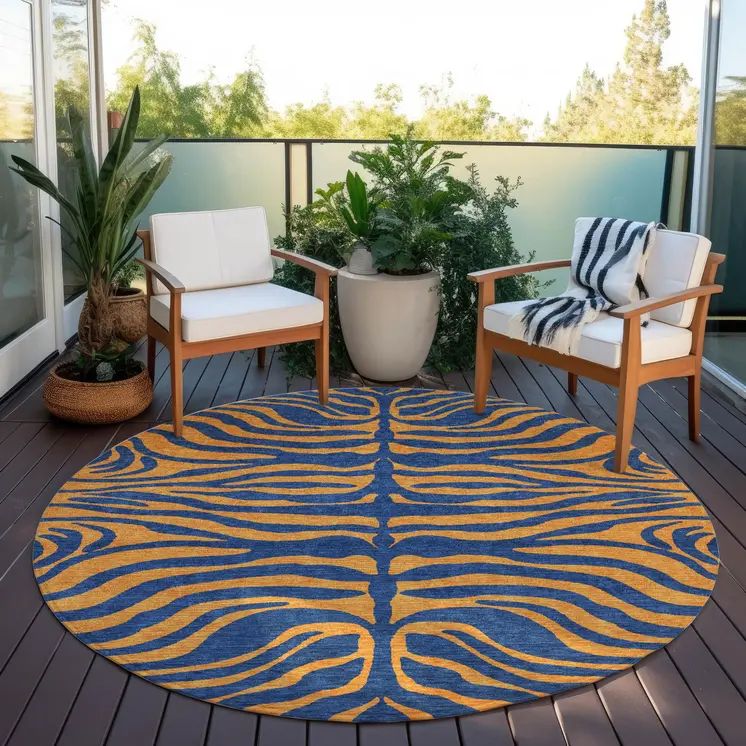 8' Navy Blue And Pink Round Animal Print Washable Indoor Outdoor Area Rug
