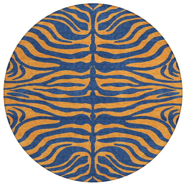 8' Navy Blue And Pink Round Animal Print Washable Indoor Outdoor Area Rug