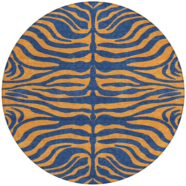 8' Navy Blue And Pink Round Animal Print Washable Indoor Outdoor Area Rug