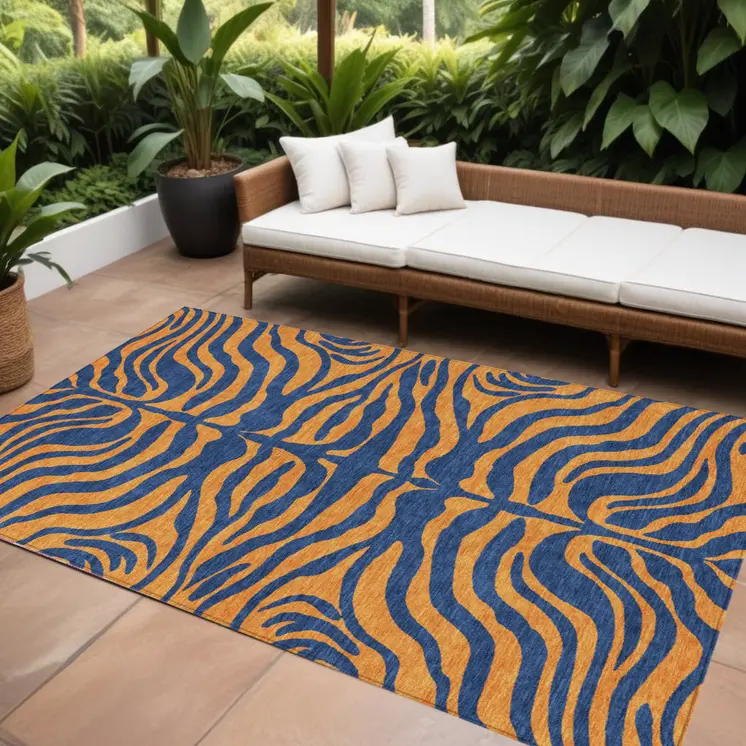 9' X 12' Navy Blue And Pink Animal Print Washable Indoor Outdoor Area Rug