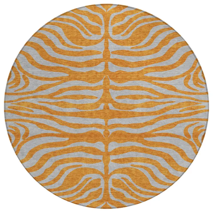 8' Copper And Gray Round Animal Print Washable Indoor Outdoor Area Rug