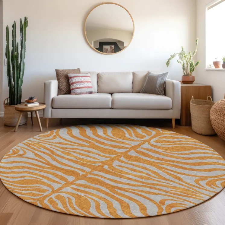 8' Copper And Gray Round Animal Print Washable Indoor Outdoor Area Rug