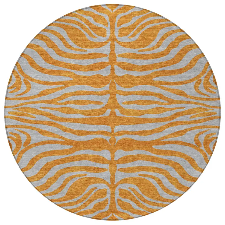 8' Copper And Gray Round Animal Print Washable Indoor Outdoor Area Rug