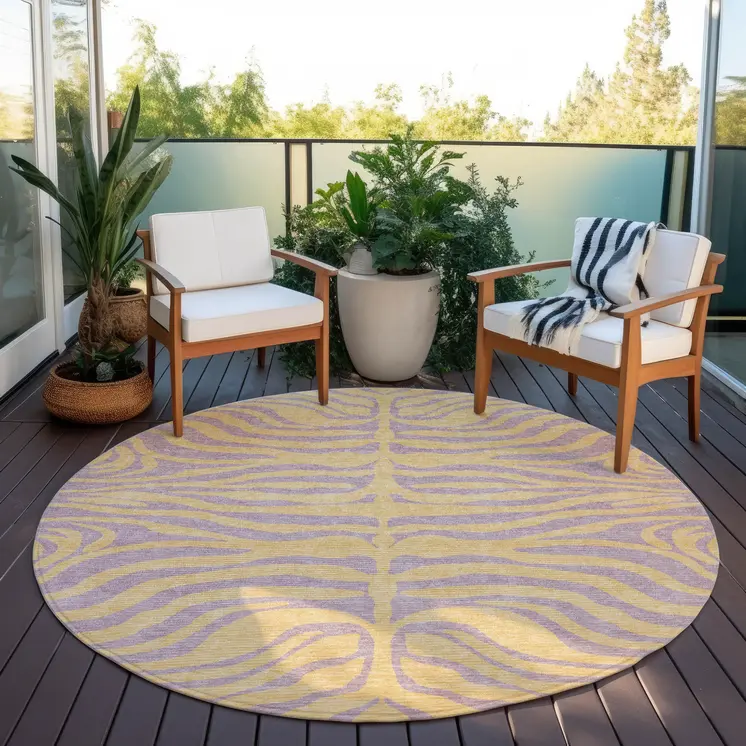 8' Peach And Purple Round Animal Print Washable Indoor Outdoor Area Rug