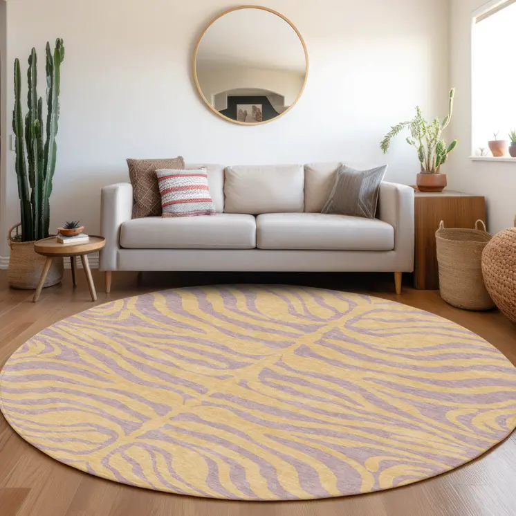 8' Peach And Purple Round Animal Print Washable Indoor Outdoor Area Rug