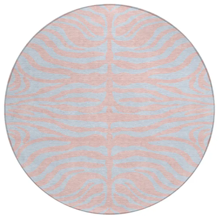 8' Pink And Gray Round Animal Print Washable Indoor Outdoor Area Rug
