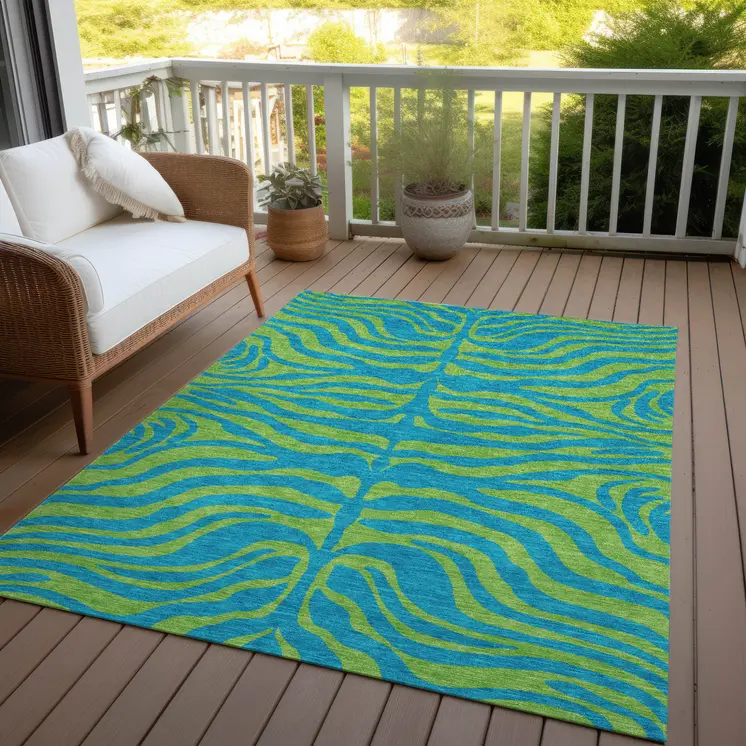 5' X 8' Teal Blue And Green Animal Print Washable Indoor Outdoor Area Rug