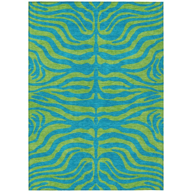 5' X 8' Teal Blue And Green Animal Print Washable Indoor Outdoor Area Rug