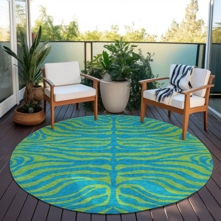 8' Teal Blue And Green Round Animal Print Washable Indoor Outdoor Area Rug