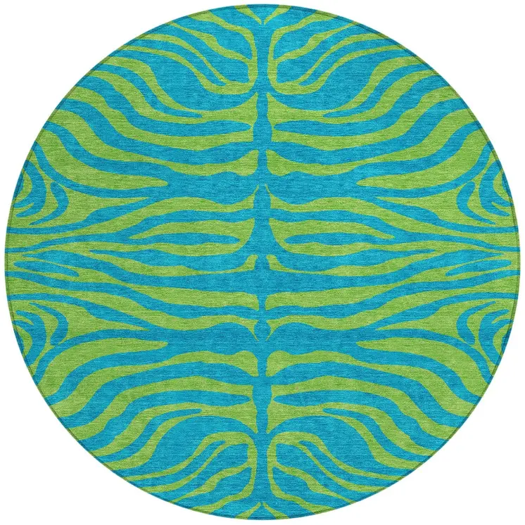 8' Teal Blue And Green Round Animal Print Washable Indoor Outdoor Area Rug
