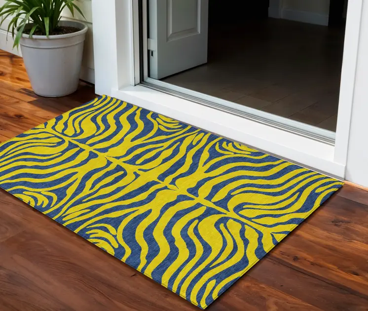 3' X 5' Yellow And Blue Animal Print Washable Indoor Outdoor Area Rug