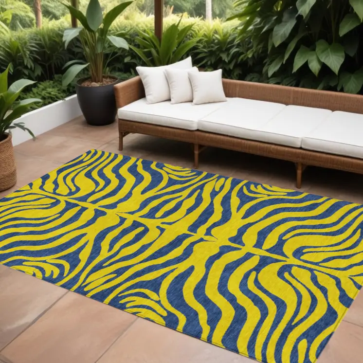 8' X 10' Yellow And Blue Animal Print Washable Indoor Outdoor Area Rug