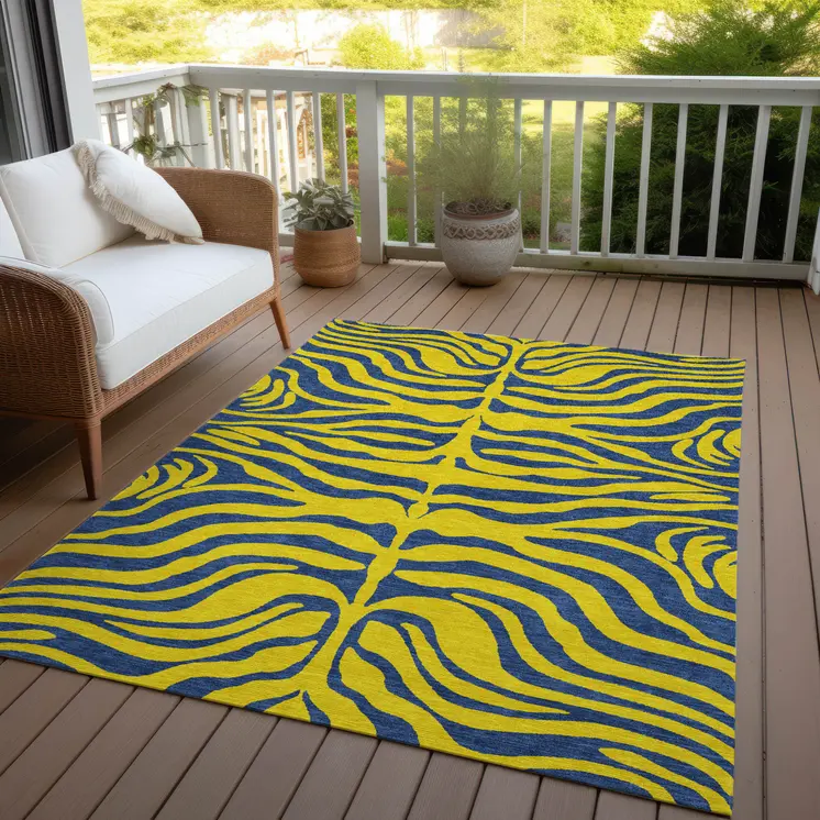 8' X 10' Yellow And Blue Animal Print Washable Indoor Outdoor Area Rug