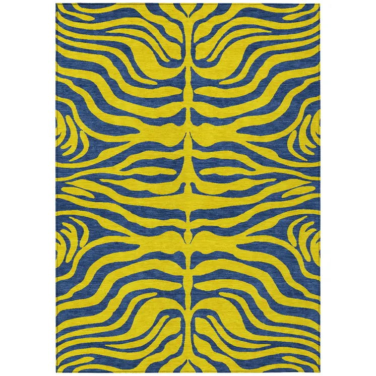 8' X 10' Yellow And Blue Animal Print Washable Indoor Outdoor Area Rug
