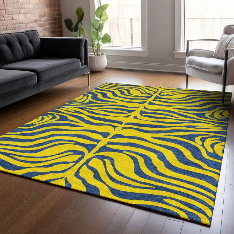 8' X 10' Yellow And Blue Animal Print Washable Indoor Outdoor Area Rug