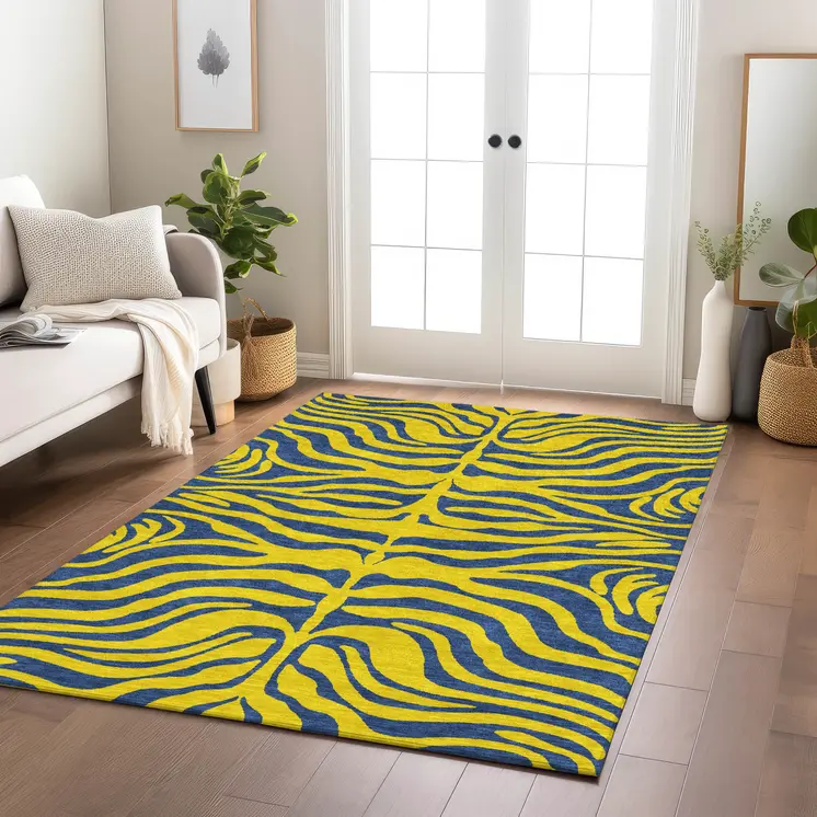 8' X 10' Yellow And Blue Animal Print Washable Indoor Outdoor Area Rug