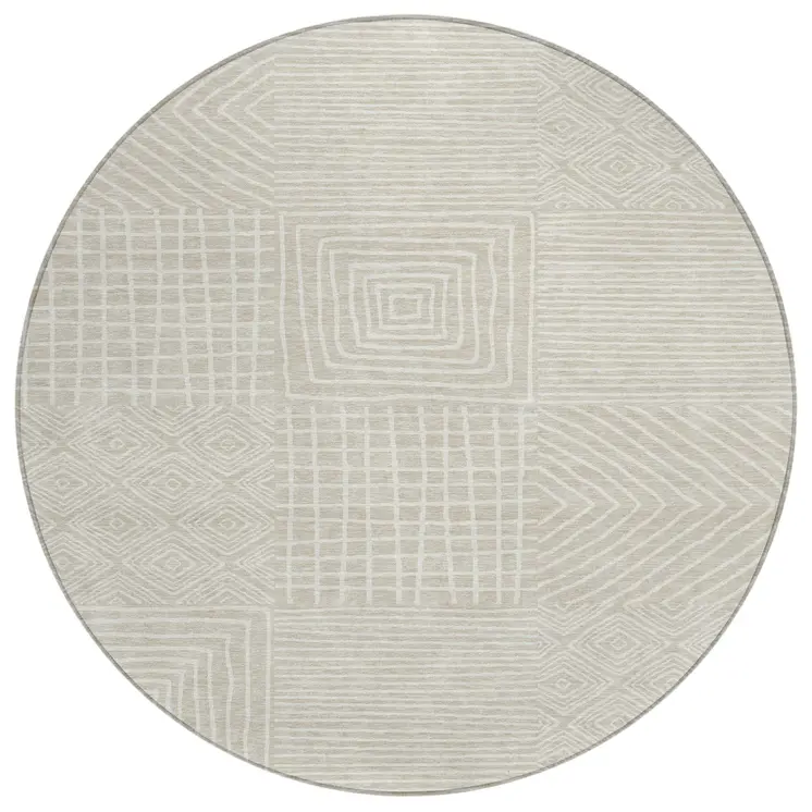8' Beige And Ivory Round Geometric Washable Indoor Outdoor Area Rug